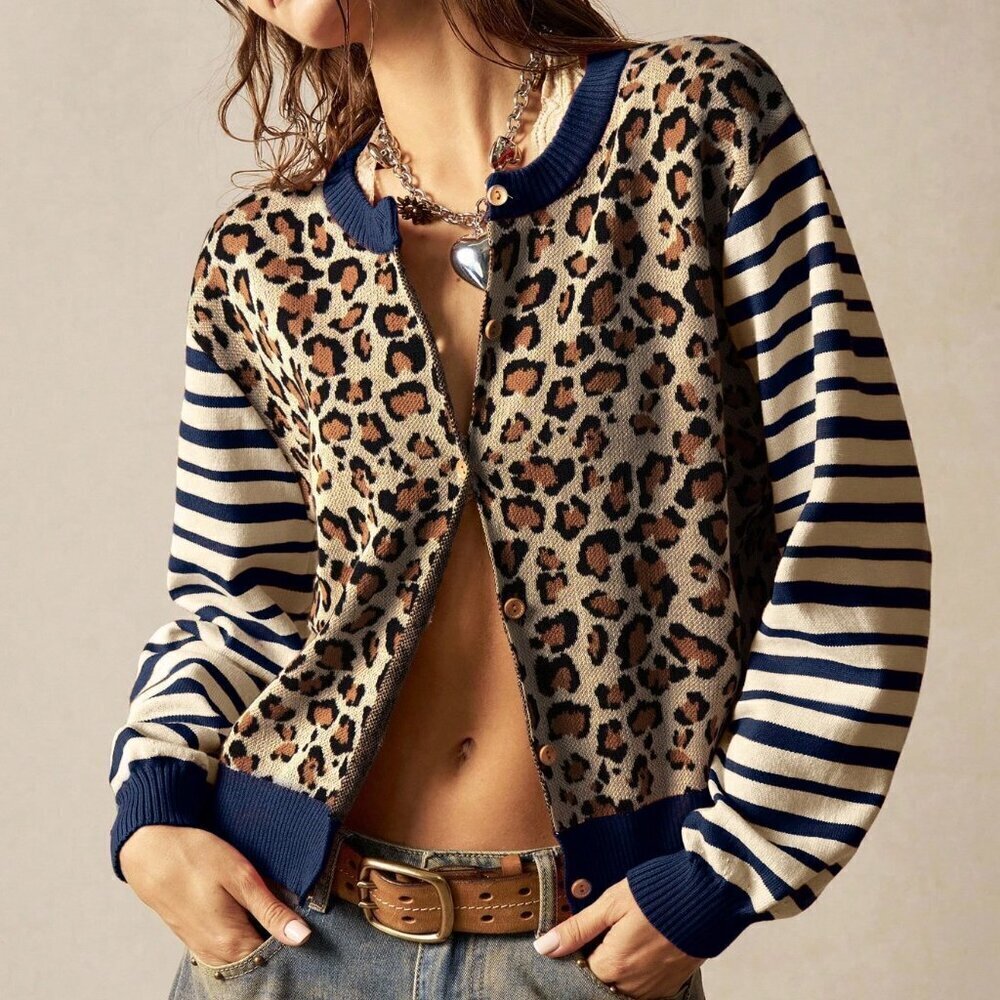 Casual Women's Leopard & Striped Pattern Front Button Long Sleeve cardigan
